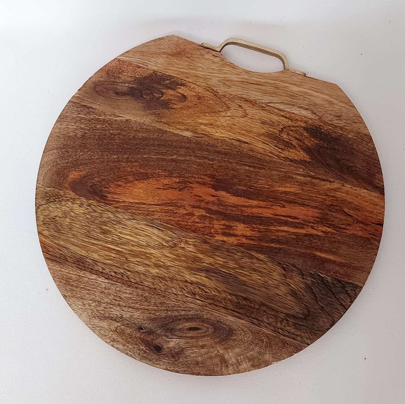 Round Mango Wooden Chopping Board with Brass Handle view 2
